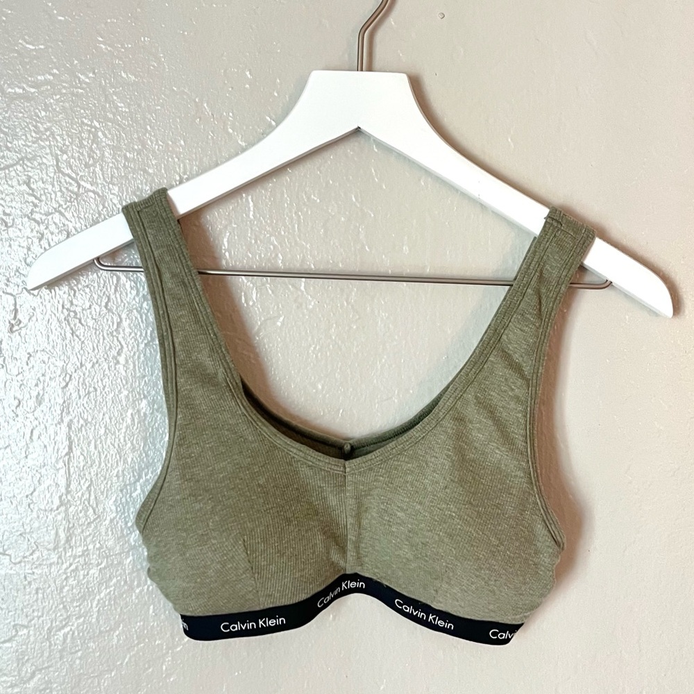 Calvin Klein Sage Olive Green Ribbed Vneck Logo Bralette